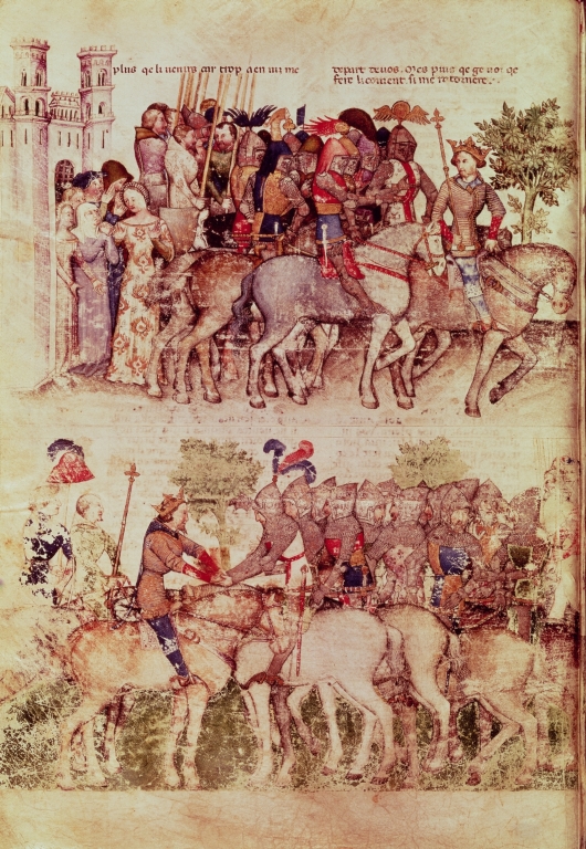 Arthur and his knights setting out on the quest for the Holy Grail, from the Queste del Saint Graal, Ms Fr 343 fol.8v