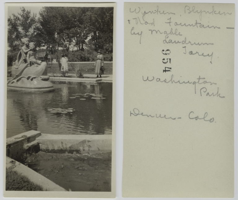 Postcard of Wynken, Blynken, and Nod fountain, Washington Park, Denver, Colorado with correspondence written by Ida Pemberton
